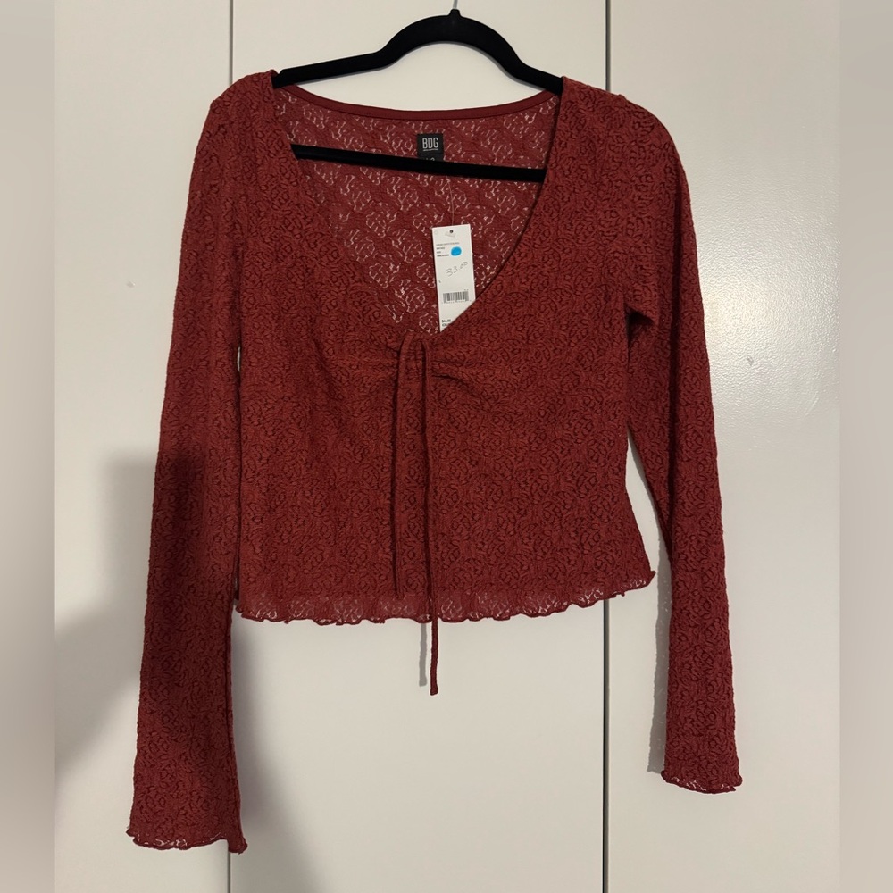 Urban Outfitters Red Long Sleeve Tie Front Blouse